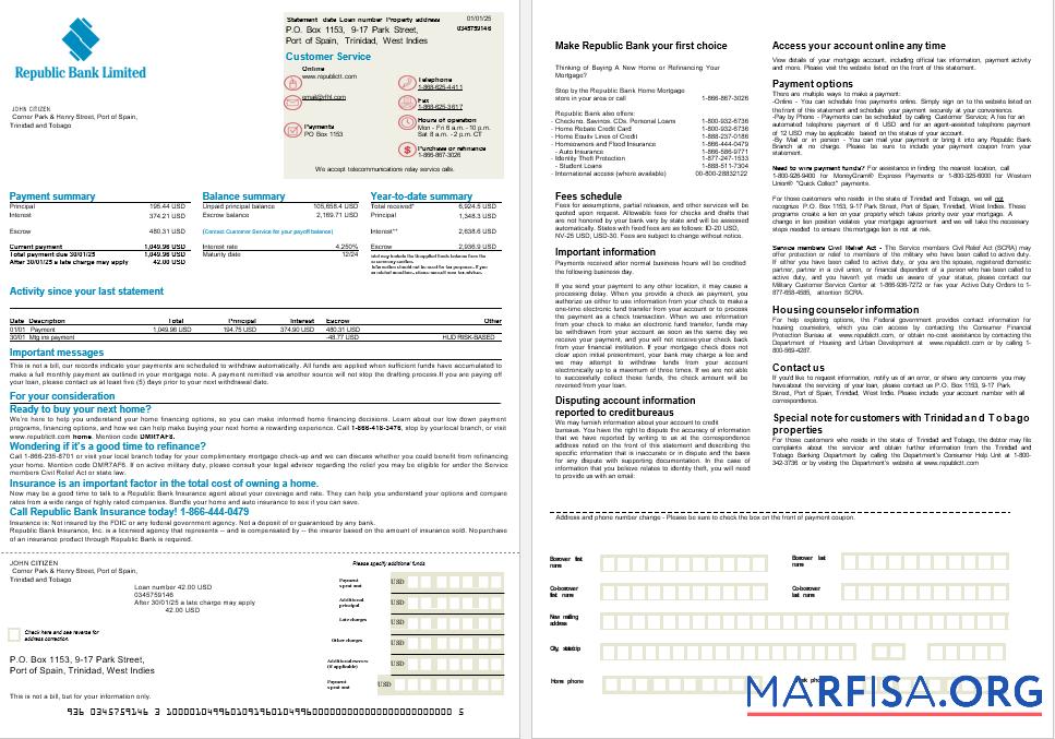 Printable Trinidad and Tobago Republic Bank mortgage statement in Word and PDF formats, 2 pages download for verification